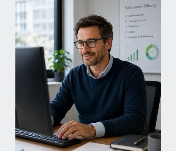 Team arbeitet gemeinsam an neuer Software – Symbolbild für Digital Adoption