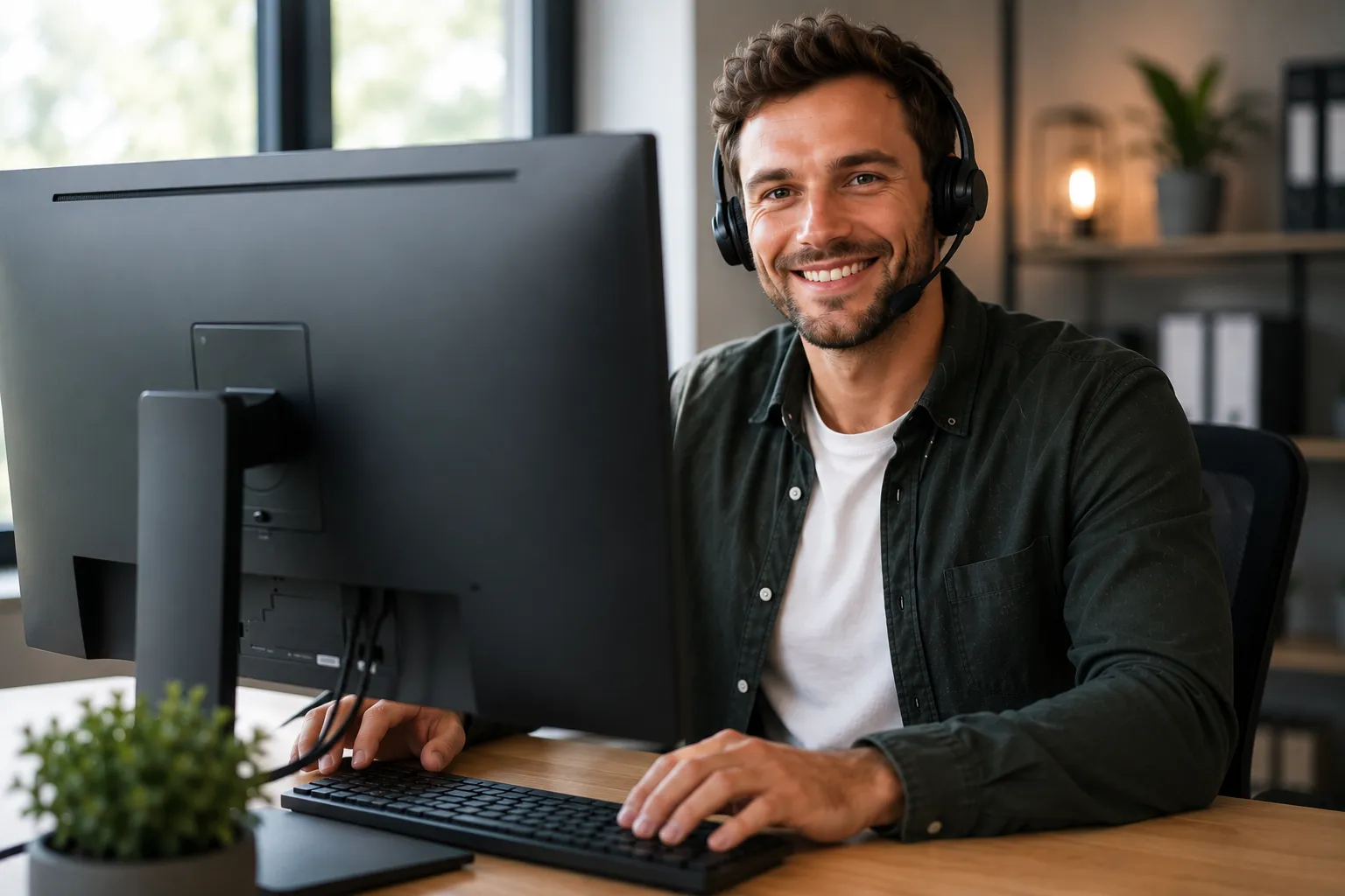 Support-Mitarbeiter mit Headset lächelt am Schreibtisch – Symbolbild für Servicedesk & Helpdesk