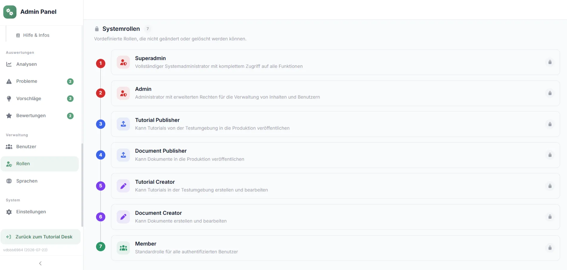 readyplace admin dashboard showing tutorials, categories and roles